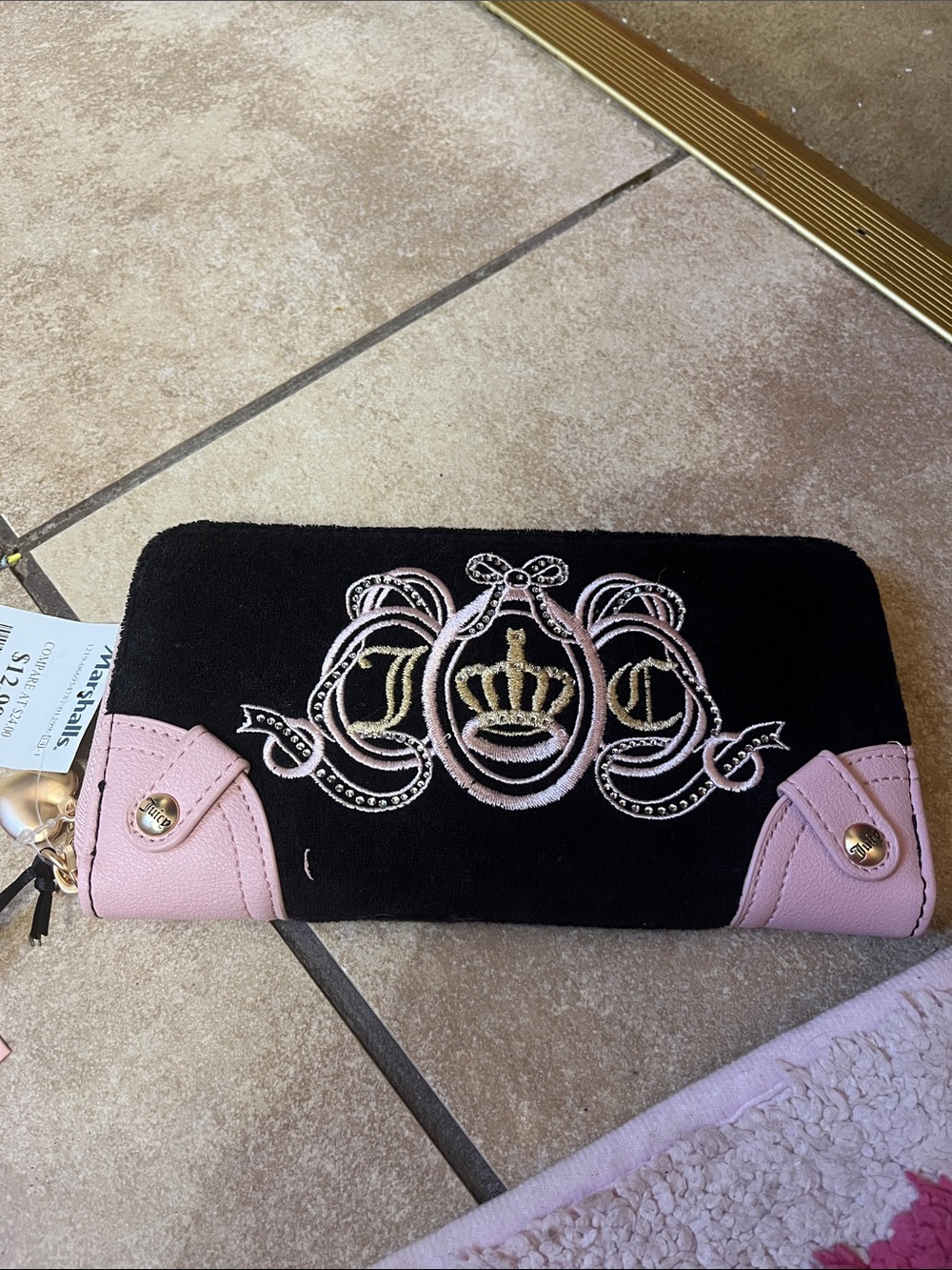 Juicy Couture Black Wallet with Pink Accents and Embroidered Crown